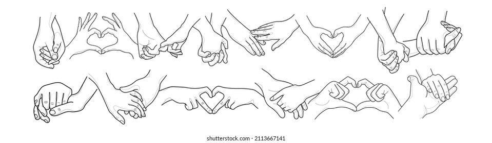 Vector set of human hands of couple in love or friends, lgbt. Heart shaped hands. Holding hands. Graphic lines design. Individual elements.