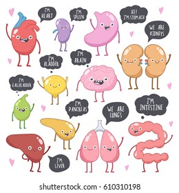 Vector set of human internal organs illustrations. Heart, lungs, kidneys, liver, stomach, bladder, pancreas, gall bladder, intestine. Smiling characters