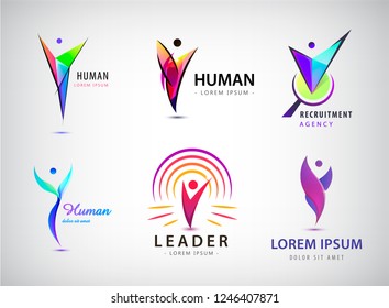 Vector set of human, man logos, icons. Leader, positive person, winner, hr recruitment, fitness, sport, healthy lifestyle