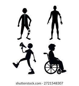 Conjunto de Vector de siluetas humanas con extremidades protésicas, que representan accesibilidad, inclusión y movilidad adaptativa. Perfecto para proyectos de salud, rehabilitación y educación.