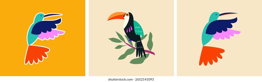 Vector set with hummingbird bird. Art posters