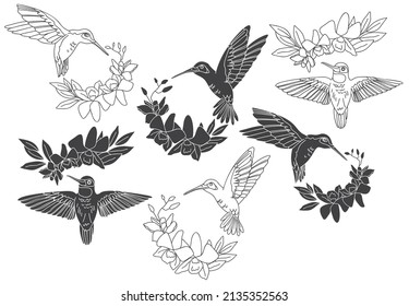 Vector Set of hummingbirds and orchid bouquets