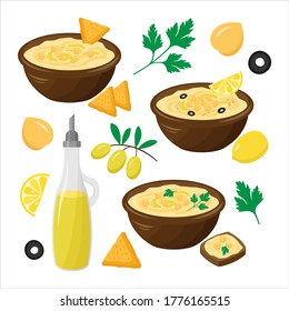 Vector set of hummus plate with chickpea, olive oil, parsley, chips, lemon. National food of Israel. International Hummus Day. Illustration isolated on white background.