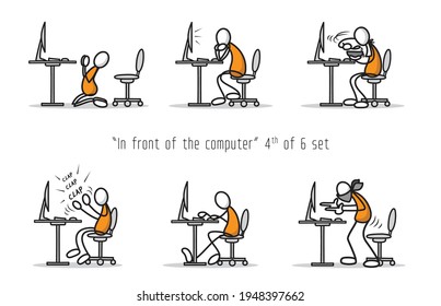 Vector set of humor cartoon man in front of a computer in different attitudes and poses. Print illustration.