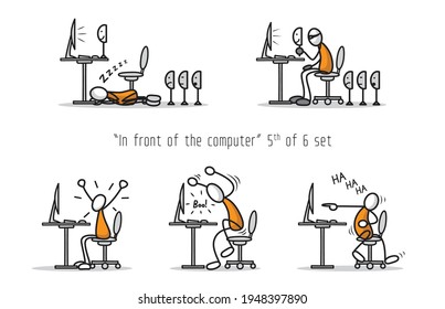 Vector set of humor cartoon man in front of a computer in different attitudes and poses. Print illustration. 