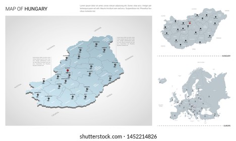Vector set of Hungary country.  Isometric 3d map, Hungary map, Europe map - with region, state names and city names. 