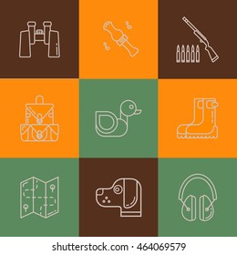 Vector set of hunt symbols.
Hunting, shooting gear icons. Advertising Hunter Equipment.