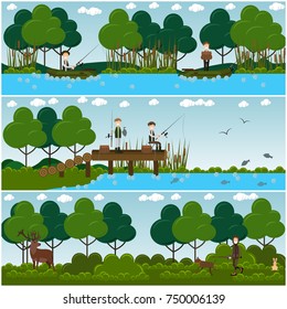 Vector set of hunter posters, banners with men hunting deer, fishing while sitting in boats and on pier. Flat style design.