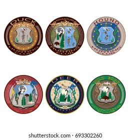 Vector set of hunting club logos, emblems, badges, labels isolated on white background. Typography design in flat style.