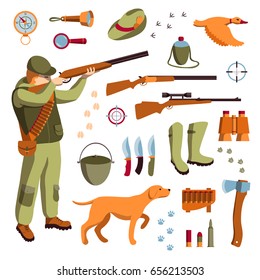 Vector set of hunting. Hunter, guns and knifes, hunting dog, duck and accessories for hunting.