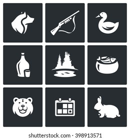 Vector Set of Hunting Icons. Dog, Gun, Duck, Alcohol, Lake, Ear, Bear, Season, Rabbit. Season shooting game. Isolated symbols on a black background