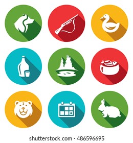 Vector Set of Hunting Icons. Dog, Gun, Duck, Alcohol, Lake, Ear, Bear, Season, Rabbit.