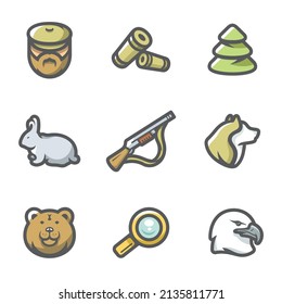 Vector Set of Hunting Icons. Hunter, Ammunition, Timber, Animal, Arms, Dog, Predator, Search, Bird.