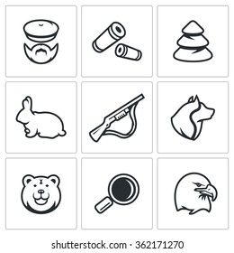 Vector Set of Hunting Icons. Hunter, Ammunition, Timber, Animal, Arms, Dog, Predator, Search, Bird. Huntsman, Cartridge, Wood, Rabbit, Gun, Hound, Bear, Magnifier, Hawk.