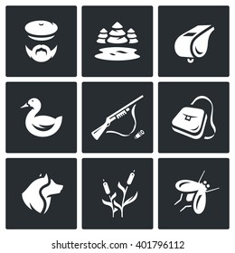 Vector Set of Hunting Icons. Hunter, nature, whistle, duck, rifle, bag, dog, cane, mosquito. Season shooting game. Isolated symbols on a black background