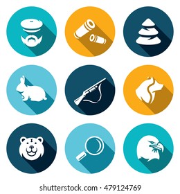 Vector Set of Hunting Icons. Hunter, Ammunition, Timber, Animal, Arms, Dog, Predator, Search, Bird.