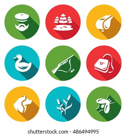 Vector Set of Hunting Icons. Hunter, nature, whistle, duck, rifle, bag, dog, cane, mosquito.