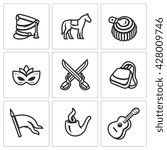 Vector Set of Hussars Icons. Shako, Horse, Epaulettes, Carnival, Battle, Sabretache, Banner, Tobacco, Guitar. Hungarian horse troops and their life and habits