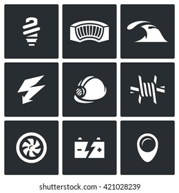 Vector Set of Hydroelectric Station Icons. Lamp, Dam, River, Electricity, Helmet, Barbed Wire, Turbine, Battery, Pointer. Electricity generation at the expense of water and hydropower work. 