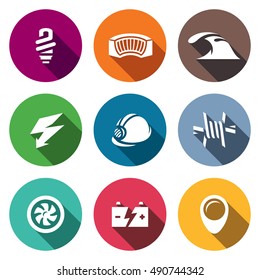 Vector Set of Hydroelectric Station Icons. Lamp, Dam, River, Electricity, Helmet, Barbed Wire, Turbine, Battery, Pointer.