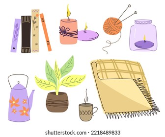 Vector set of hygge items drawn in doodle style.