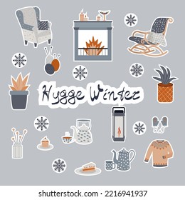 Vector Set Of Hygge Stickers. Cute Illustration Winter And Christmas Hygge Elements. Scandinavian Style With Hygge Lettering.