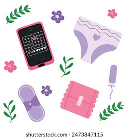 Vector set with hygiene items during menstruation. Menstrual cycle. Calendar on your phone. Pads, tampon, menstrual cup. Icons, eps 10