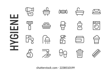 Vector set of hygiene thin line icons. Design of 20 stroke pictograms. Signs of hygiene isolated on a white background.