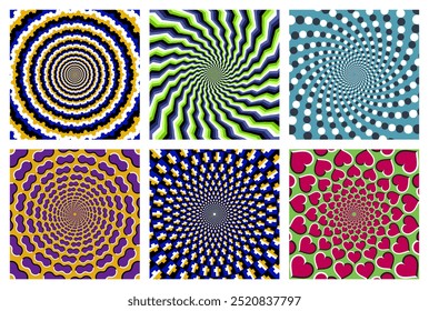 Vector set of hypnotic circular patterns. Eye-catching backgrounds with optical moving effect.