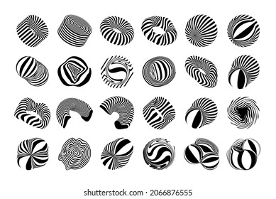 Vector set of hypnotic glitch objects, deformed shapes, illusion of deception, funnel and spiral