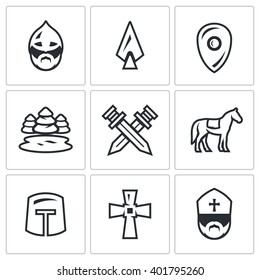 Vector Set of Ice Battle Icons. Warrior, Spear, Shield, Lake, Forest, Crossed, Swords, Knight, Crusader, Cross, Priest. Ancient battle on the lake Russian soldiers and the German knights