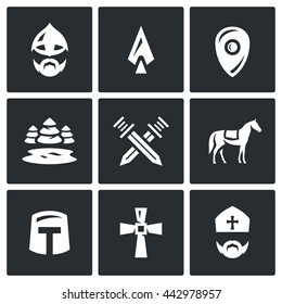 Vector Set of Ice Battle Icons. Warrior, Spear, Shield, Lake, Forest, Crossed, Swords, Knight, Crusader, Cross, Priest. 