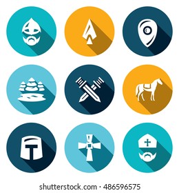 Vector Set of Ice Battle Icons. Warrior, Spear, Shield, Lake, Forest, Crossed, Swords, Knight, Crusader, Cross, Priest.