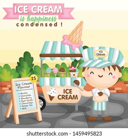 A Vector Set of Ice Cream Cart and the Seller Boy Scooping a Chocolate Ice Cream