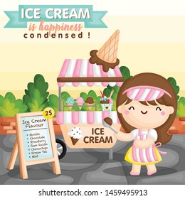 A Vector Set of Ice Cream Cart and the Seller Girl Scooping a Chocolate Ice Cream