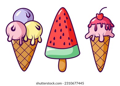 Vector set with ice cream cone, watermelon