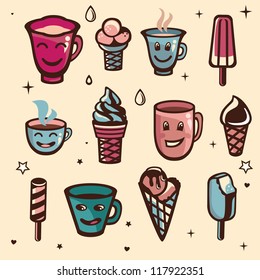 Vector set with ice cream and cups - cartoon icons