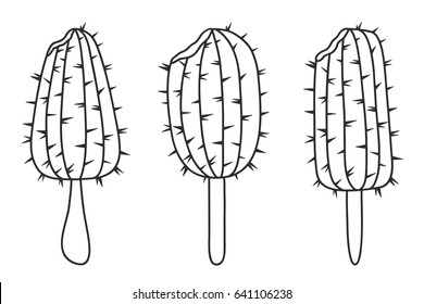 Vector set of ice cream of different shapes in the form of a cactus. Linear black and white drawing.