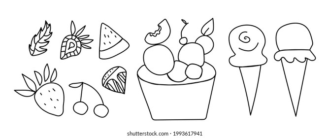 Vector set with ice cream in doodle style on white isolated background.Collection of cold dessert black line hand drawn illustrations.Designs for social media,cards,web,packaging, wedding invitations.