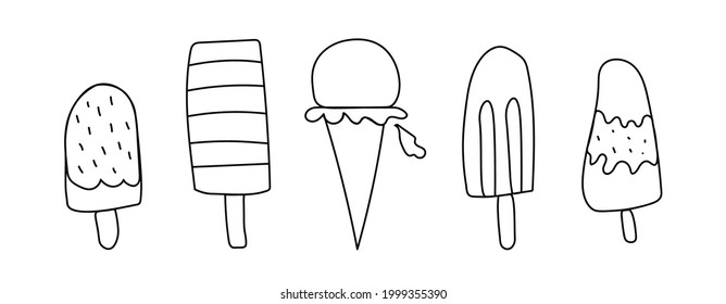 Vector set with ice cream in doodle style on white isolated background.Collection of cold dessert black line hand drawn illustrations.Designs for social media,cards,web,packaging, wedding invitations.