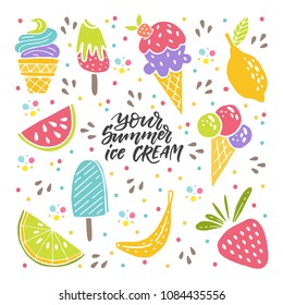 Vector set of ice cream and fruit isolated on white backgroung. Perfect for banner, greeting cards, print on mags, bags, t-shirts.