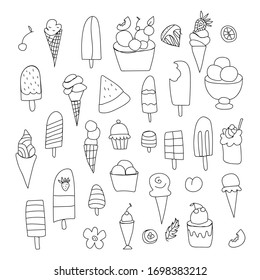 Vector set of ice cream and fruit. Clip art food simple illustrations with a black line doodle hand drawn. Design for web, posters, social media, packaging, banners, coloring, cards, wrapping paper.