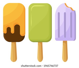 Vector set of ice cream. Ice cream in fruit glaze. Fruit icecream. Summer illustration of an isolated set of ice cream on a white background. Summer dessert with different flavors.