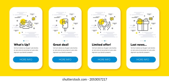 Vektorset aus Eiscreme, Halte Herz und Puzzle Linie Symbole Set. UI Telefon-App-Bildschirme mit Zeilensymbole. Geschenkbox-Symbol. Sundae-Stock, Care-Liebe, Jigsaw. Dieses Paket. Handy-UI-Banner. Vektorgrafik