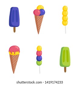 vector set of ice cream illustrations: fruit ice, sugar cone, soft. Bright summer illustration in the style of hand-drawn flat.