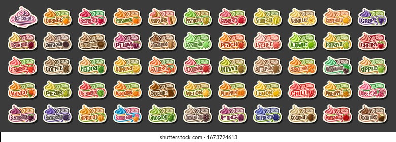 Vector set of Ice Cream labels, 54 cut out illustrations of variety fruit icecreams on black, group of various ice creams with fruits ingredients, many assorted ice cream logos with different text.