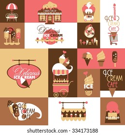 Vector Set for Ice Cream Local Business with Logotypes, Coupons, Signboards, Discount Cards  and other Design Elements