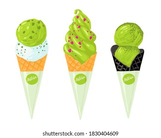 Vektorset mit Eis-Matcha. Illustration Set von verschiedenen Arten von Eis mit grünem Tee Matcha. Vektorgrafik auf weißem Hintergrund.