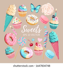 Vector set of ice cream, muffins and macaroons