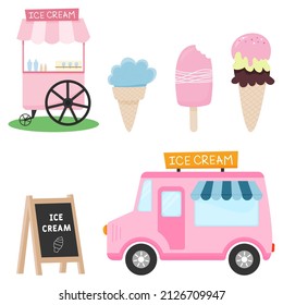 Vector set of ice cream objects. Ice cream truck, ice cream cart, ice cream sale, black flat chalk board